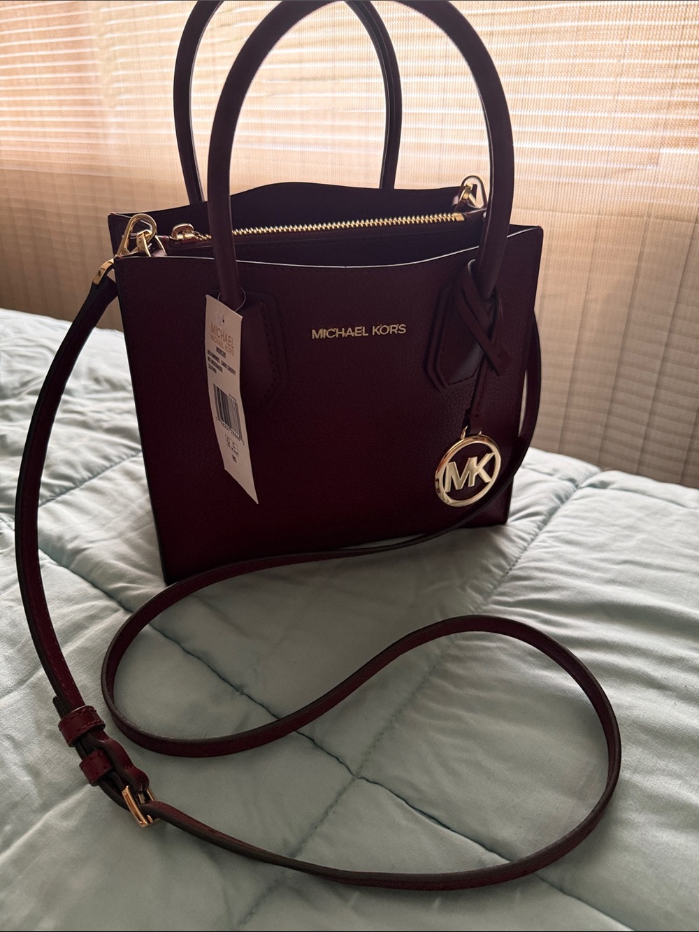 Michael Kors Dark Cherry Leather Satchel with Gold Hardware and bag charm